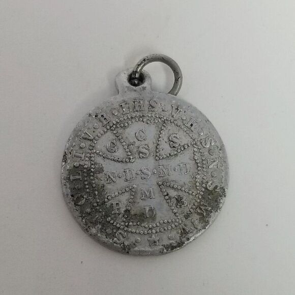 Vintage Saint Benedict Round Silver Tone Pendant Charm, Religious Medallion - Picture 4 of 7